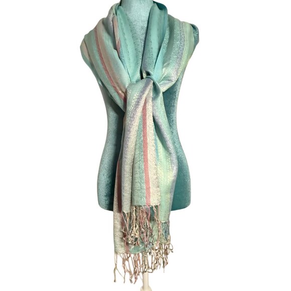 Vintage Pastel Tones Striped Jacquard Scarf / Shawl with Fringe - Picture 1 of 7